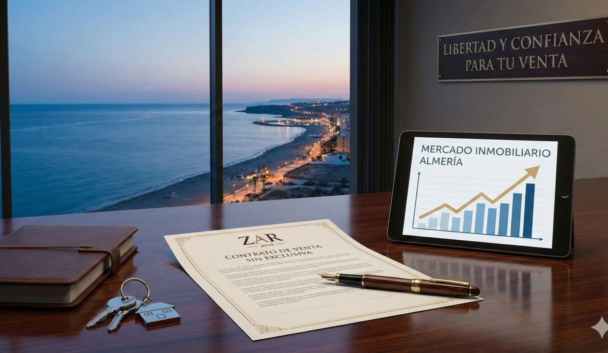 Contrato de venta sin exclusiva de inmobiliaria ZAR 2010 sobre un escritorio profesional, junto a una tablet mostrando el crecimiento del mercado inmobiliario en la costa de Almería al atardecer.