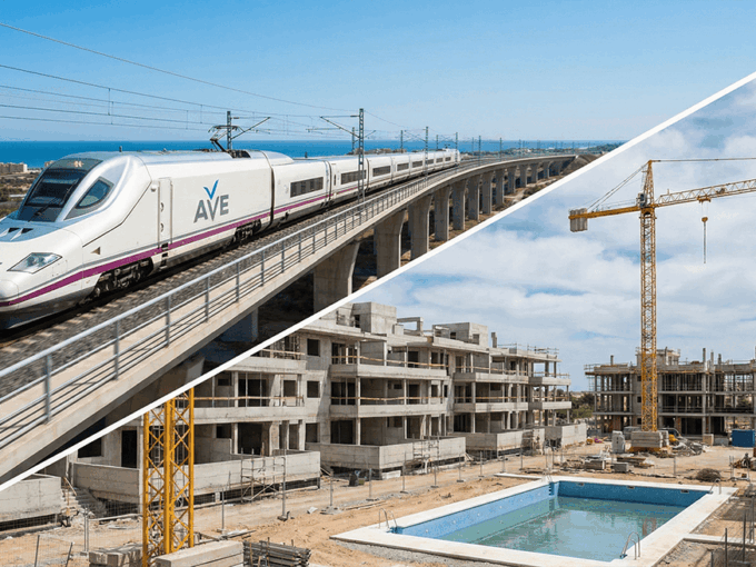 Collage diagonal que muestra un tren de alta velocidad AVE circulando sobre un viaducto costero en la mitad superior izquierda, y una obra de construcción de edificios residenciales con estructura de hormigón y una grúa torre en la mitad inferior derecha.