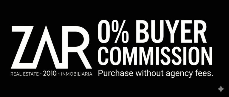 Black banner with white text: ZAR Real Estate 2010 logo, 0% BUYER COMMISSION, Purchase without agency fees.