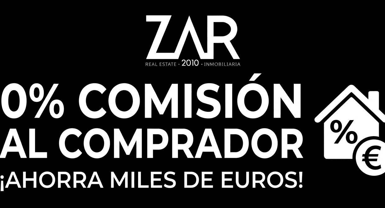 Logotipo blanco de ZAR 2010 sobre fondo negro con el texto destacado "0% COMISIÓN AL COMPRADOR".