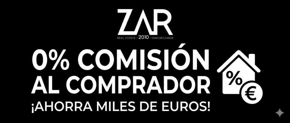 Logotipo blanco de ZAR 2010 sobre fondo negro con el texto destacado "0% COMISIÓN AL COMPRADOR".