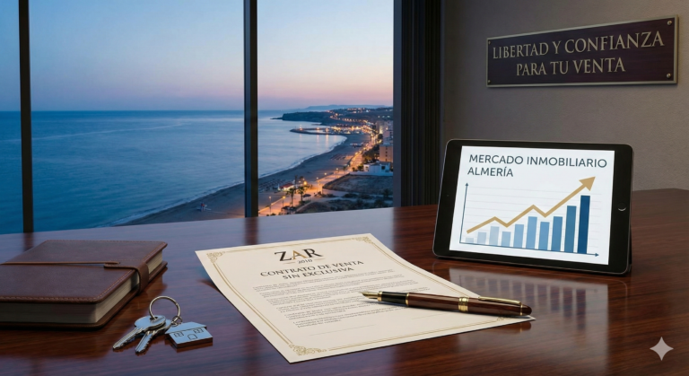 Contrato de venta sin exclusiva de inmobiliaria ZAR 2010 sobre un escritorio profesional, junto a una tablet mostrando el crecimiento del mercado inmobiliario en la costa de Almería al atardecer.