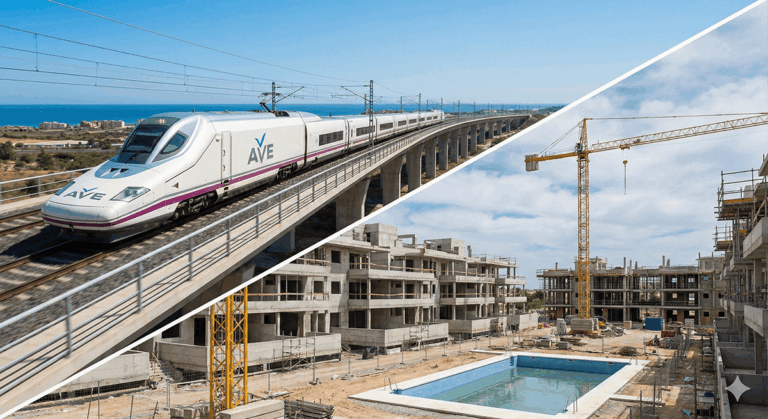 Collage diagonal que muestra un tren de alta velocidad AVE circulando sobre un viaducto costero en la mitad superior izquierda, y una obra de construcción de edificios residenciales con estructura de hormigón y una grúa torre en la mitad inferior derecha.
